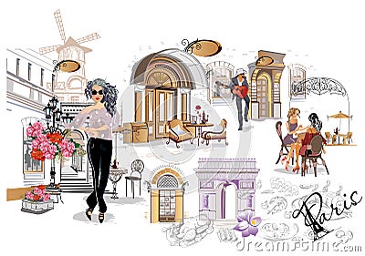 Set of Paris illustrations with fashion girls, cafes and musicians. Vector Illustration